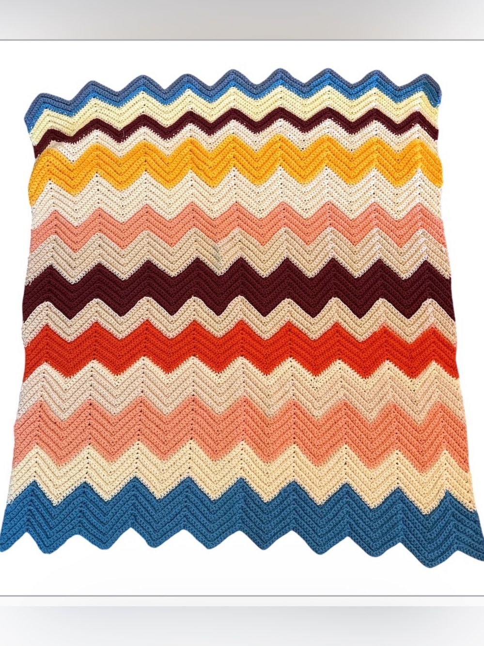 Vintage Handmade Crochet Afghan Throw Chevron Zig Zag Multicolor 52x40